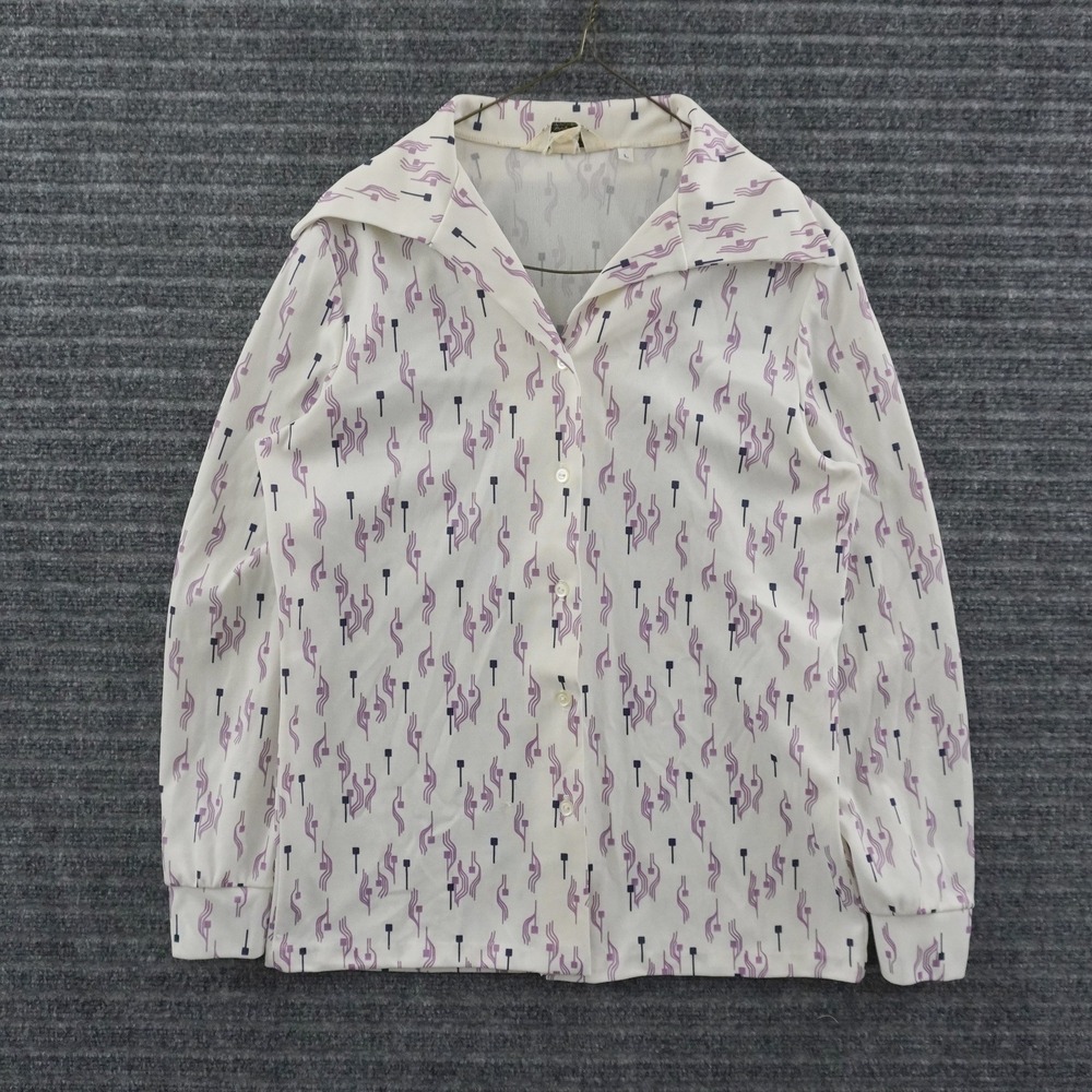 Vintage 70s Devon Button Up Shirt Large White Purple Disco Abstract Geometric